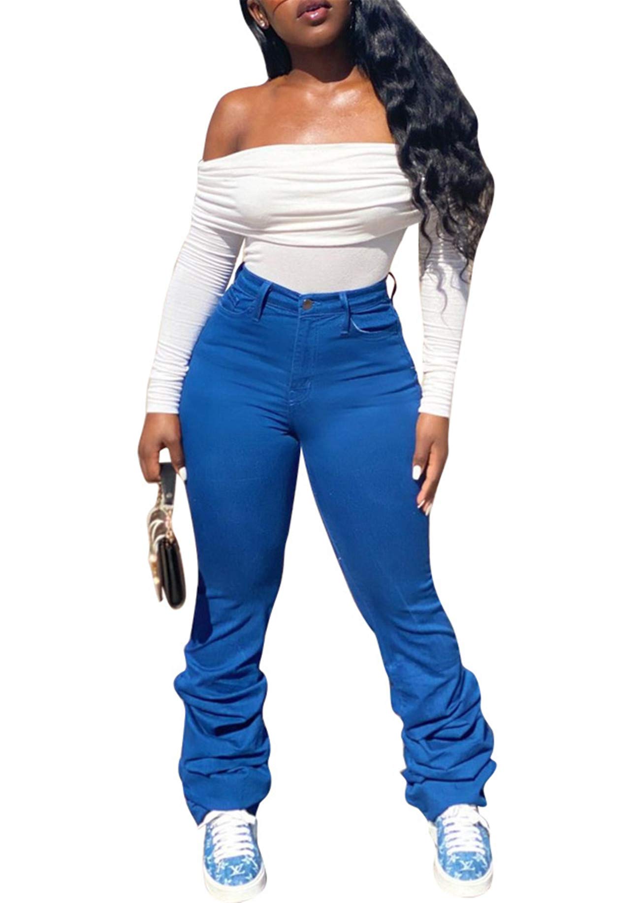 cnFaClu Women's Spring Fall Fashion Stacked Pants Mid Waisted Flared Pants Ruched Trousers