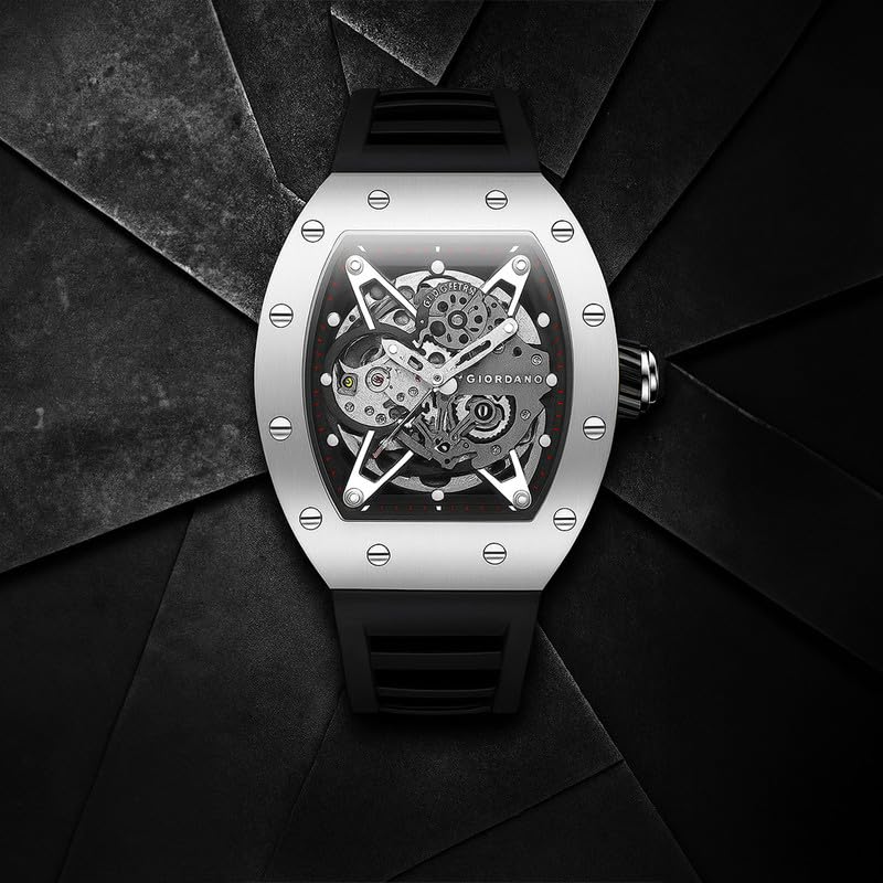 Image of Giordano Automatic Wrist Watch for Men - Open Skeleton Dial | Brushed Steel Case Mechanical Movement with Silicone Strap