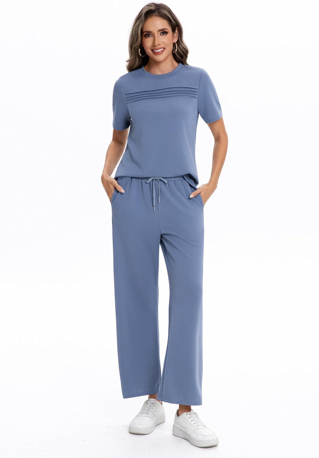 Women 2 Piece Summer Lounge Set，Short Sleeve & Wide Leg Pants, Casual Travel Vacation Sweatsuit