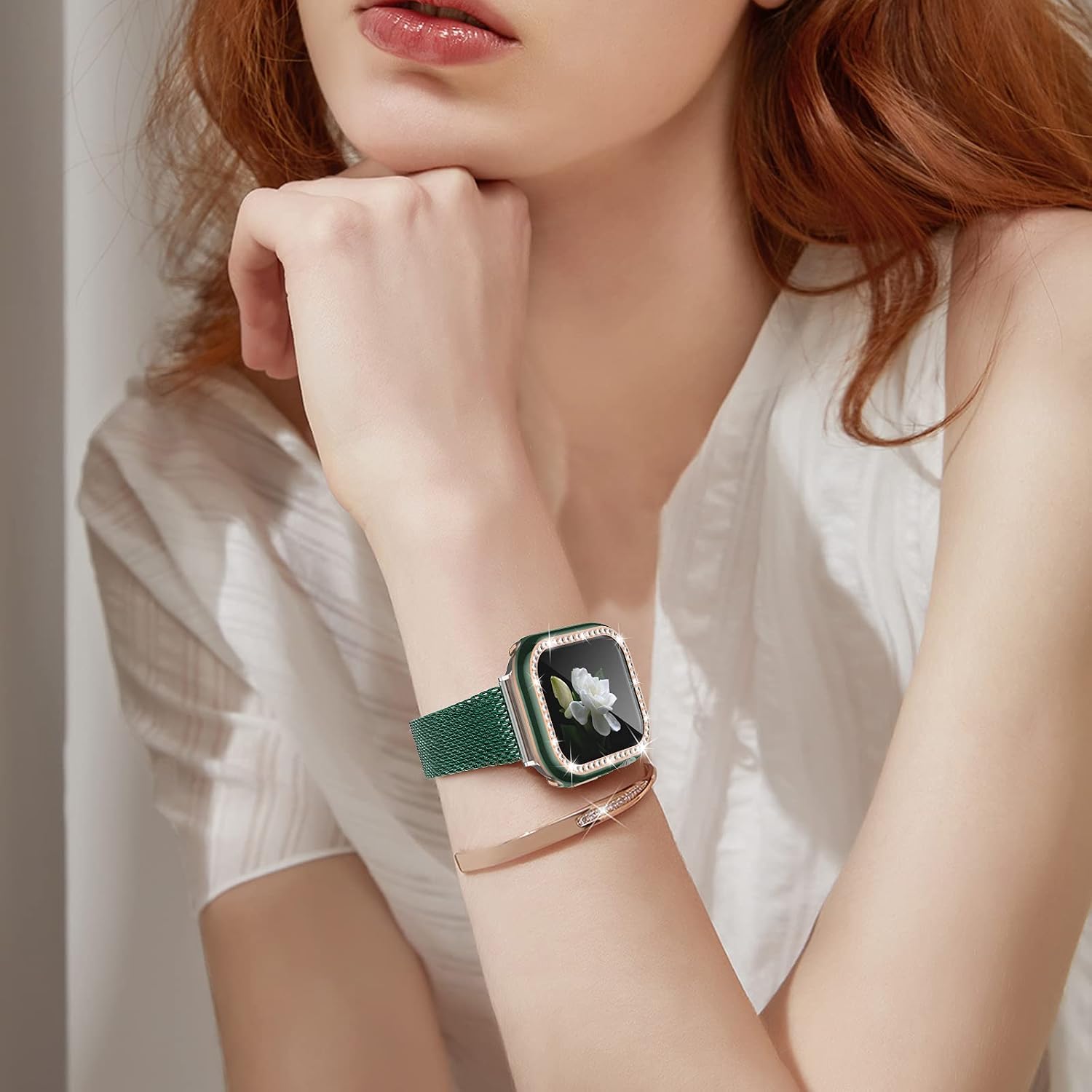 Goton Bling Case Compatible for Apple Watch 44mm Screen Protector iWatch SE Series 6 5 4 Accessories, Rhinestone Diamond Crystal Bumper Face Cover with Glass Film for Women Girl(44mm,Green)