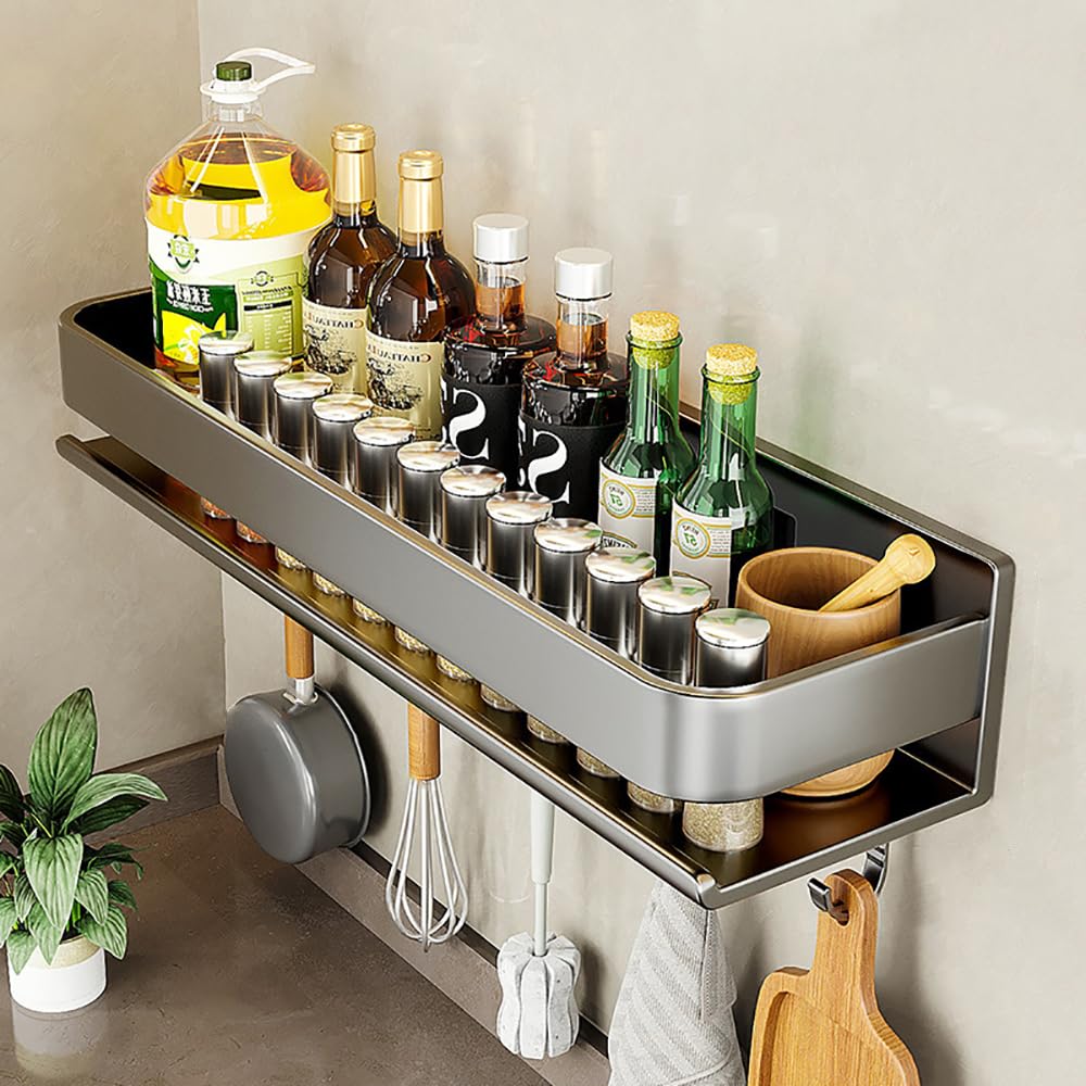 Xyagyund Grey Hanging Pot Rack, Spice Rack Wall Mounted With 5 Hooks,Utensil, Carbon Steel Racks Organiser For Jars And Seasoning Bottles(,50Cm)