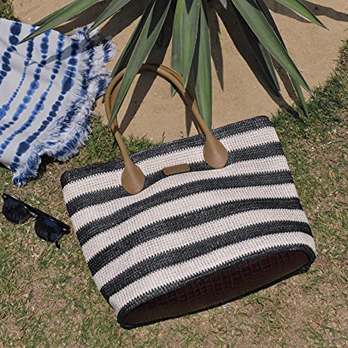 Striped Synthetic Straw Womens Tote Light Weight Vaction Shoulder Handbag (Black) #TOP5