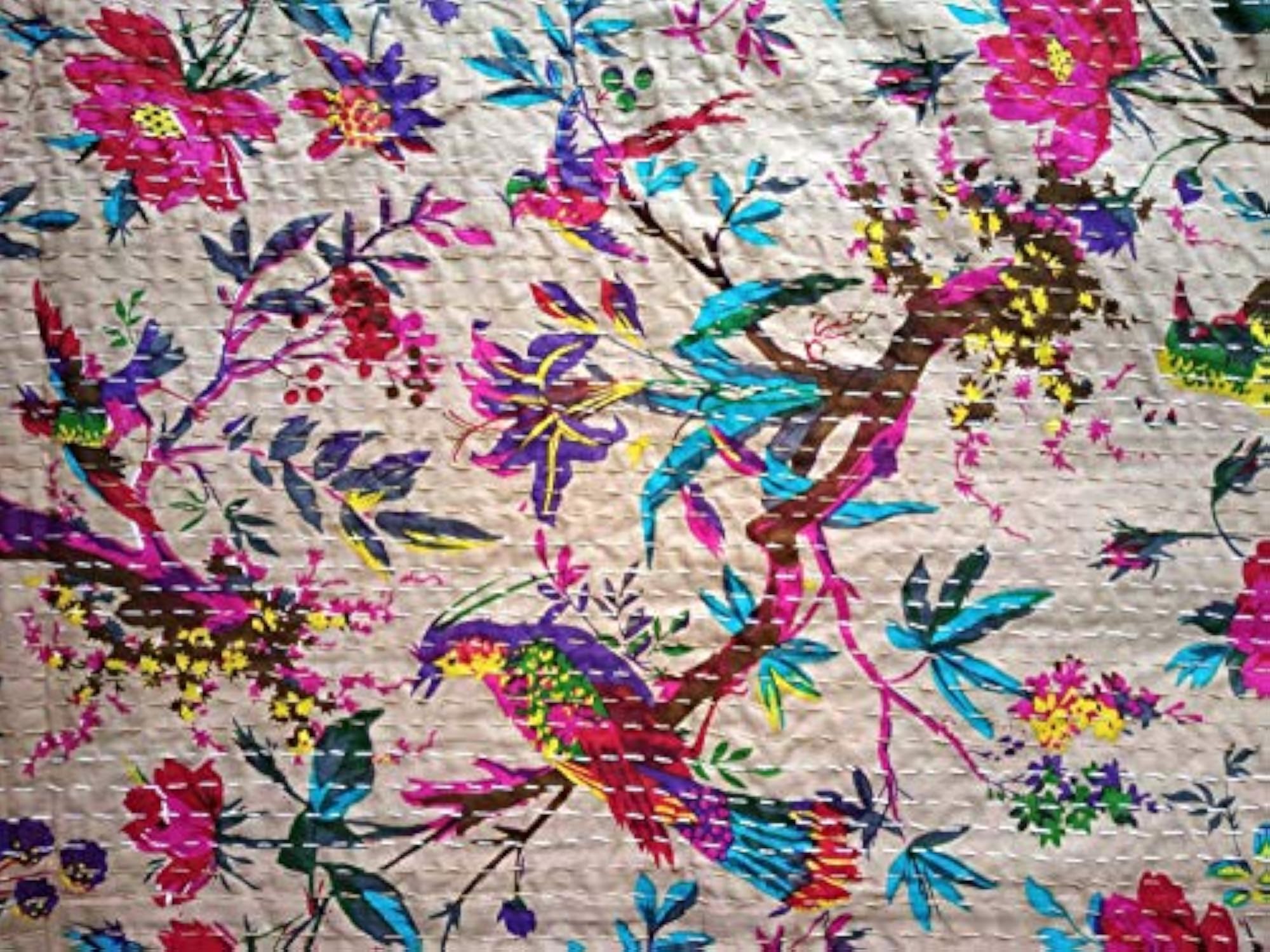 Handmade Birds Bedcover Kantha Quilt, Blue Grey