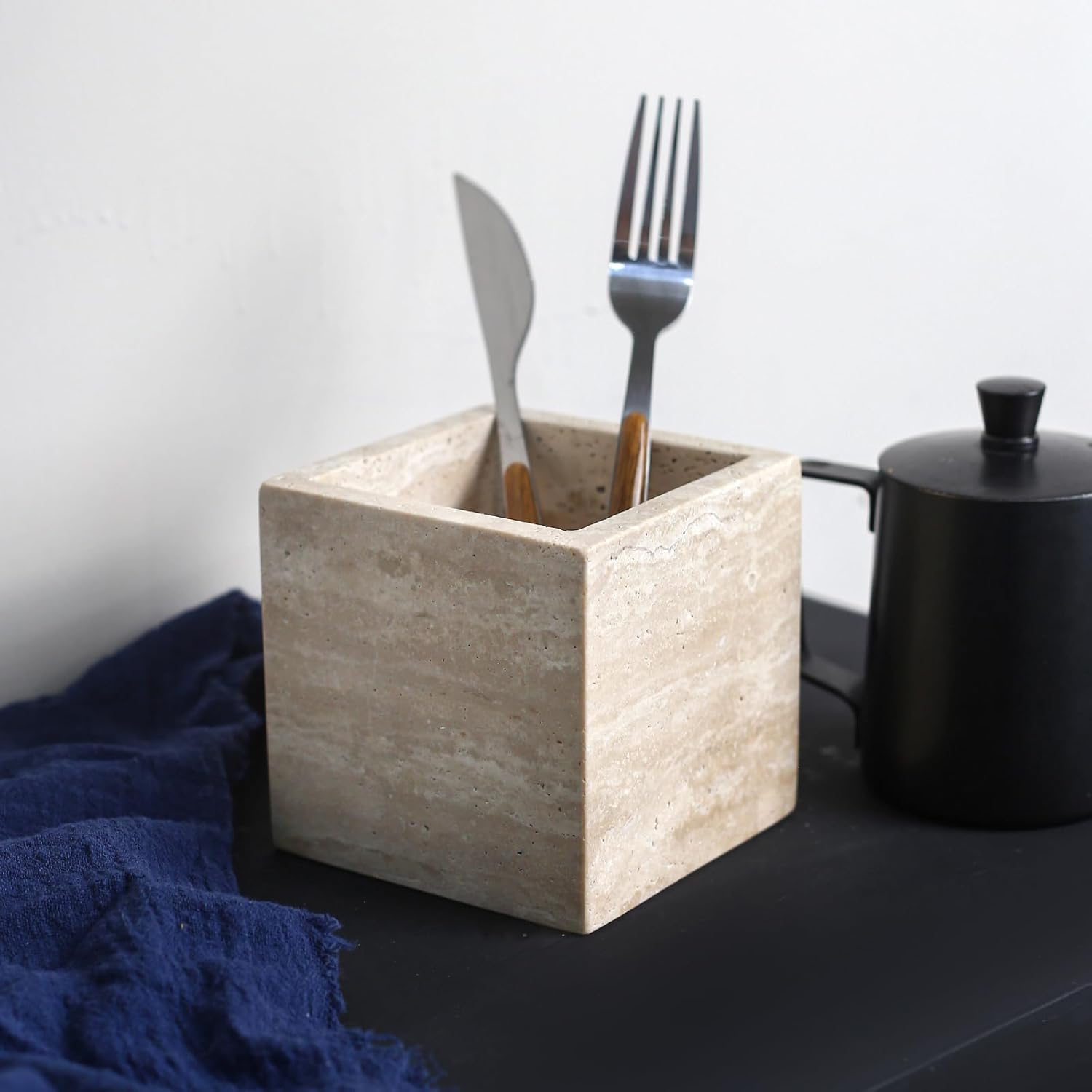 Natural Stone Makeup Brush Holder for Vanity, Marble Toothbrush Holder for Bathroom, Luxurious Countertop Organizer, Travertine Bathroom Accessories Beige Square