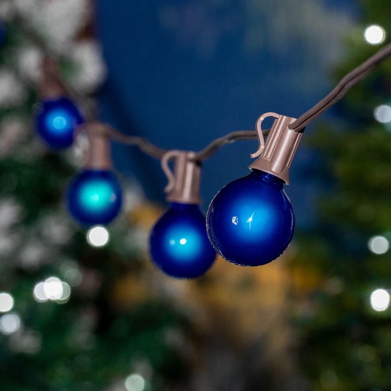 G40 Patio String Lights with 25 Blue Globe Bulbs - Hanging Garden String Lights - Vintage Backyard Patio Lights - Outdoor String Lights - Market Cafe String Lights - Brown Wire - 25 Foot