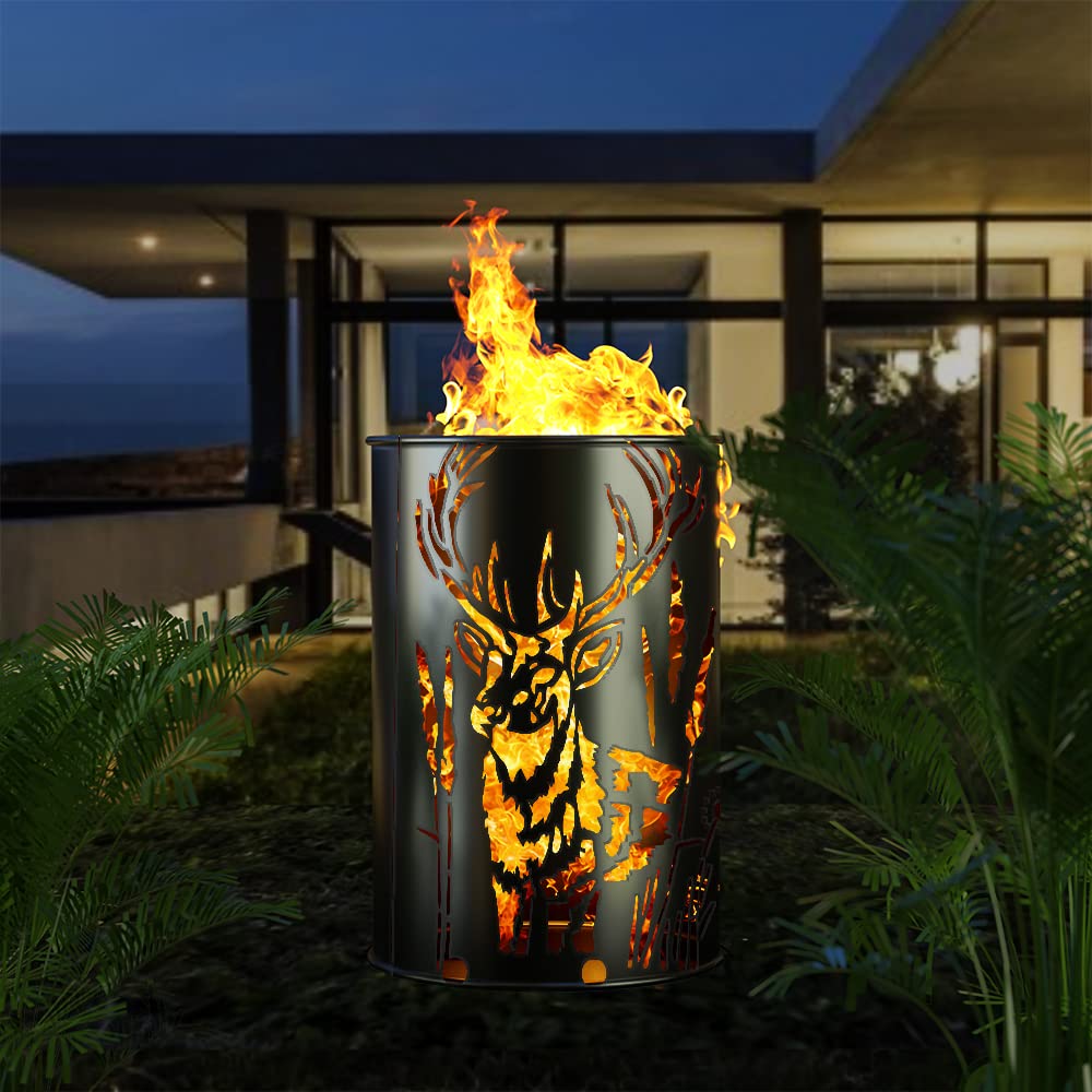 Feuertonne mit - Hirsch im Gras - Motiv - Gefertigt aus neuem Ölfass - Besondere Feuerstelle für Garten und Terrasse - Hohe Feuerschale mit Rostoptik - 90 x 60 cm