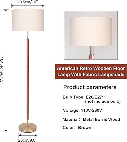 HonoDing HonoDing Moderne vloerlampen uit het midden van de eeuw, walnoothouten afwerking, trommelkap, woonkamerdecoratie, vloerlamp voor woonkamer/kantoor/slaapkamer (64 inch, E26 LED) photo 3