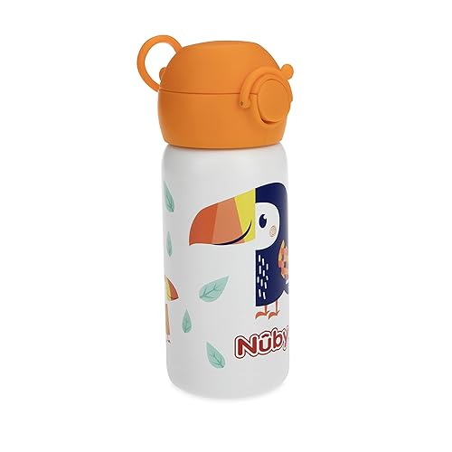 Miniatura 7 de Nuby Thirsty Kids - Vaso de viaje o botella de agua de acero inoxidable antiderrames Flip-It Active - 14 oz - Más de 18 meses - Tucán blanco -