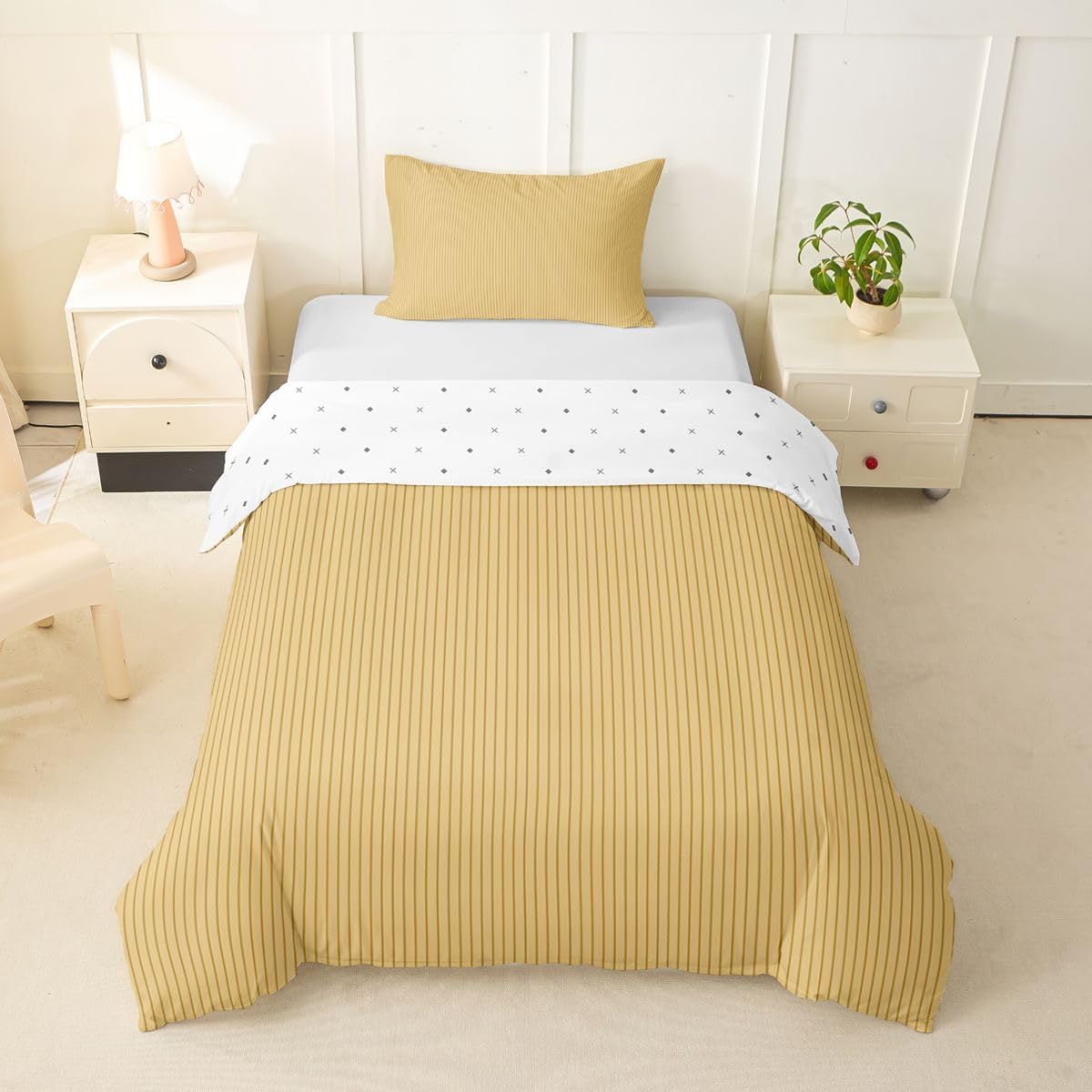 Feelyou Yellow Stripes Duvet Cover Toddler Size Geometric Bedding Set for Boys Girls Modern Farmhouse Comforter Cover Bedroom Decor 2Pcs