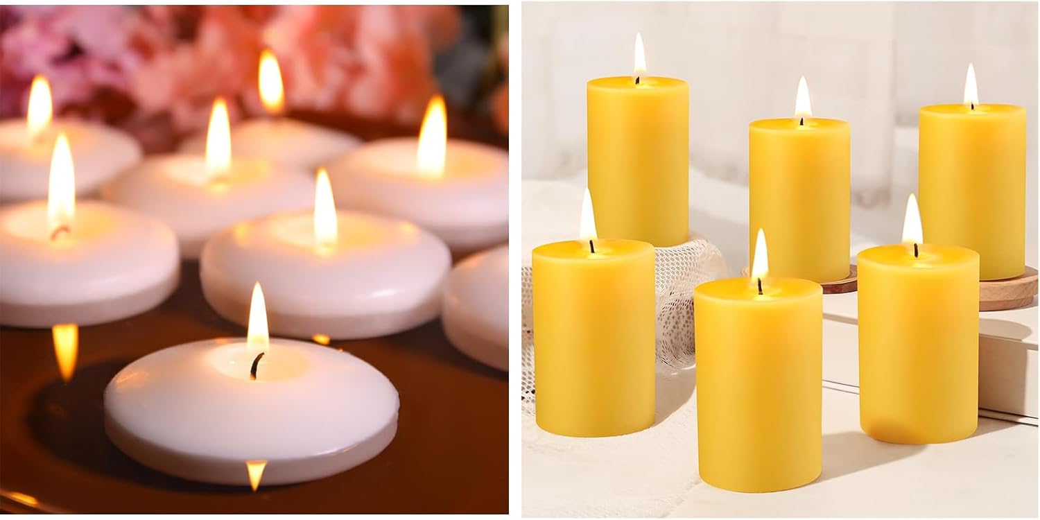 48 Pack White Floating Candles+ 2x3in Beeswax Pillar Candles