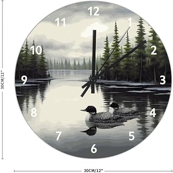 PVC Clock Loon Bird Hanging Wall Clock Lake Forest Animal 12in Silent Non-Ticking Battery Operated Artistic Large Wall Clock for Bedroom Living Room Office Home Kitchen
