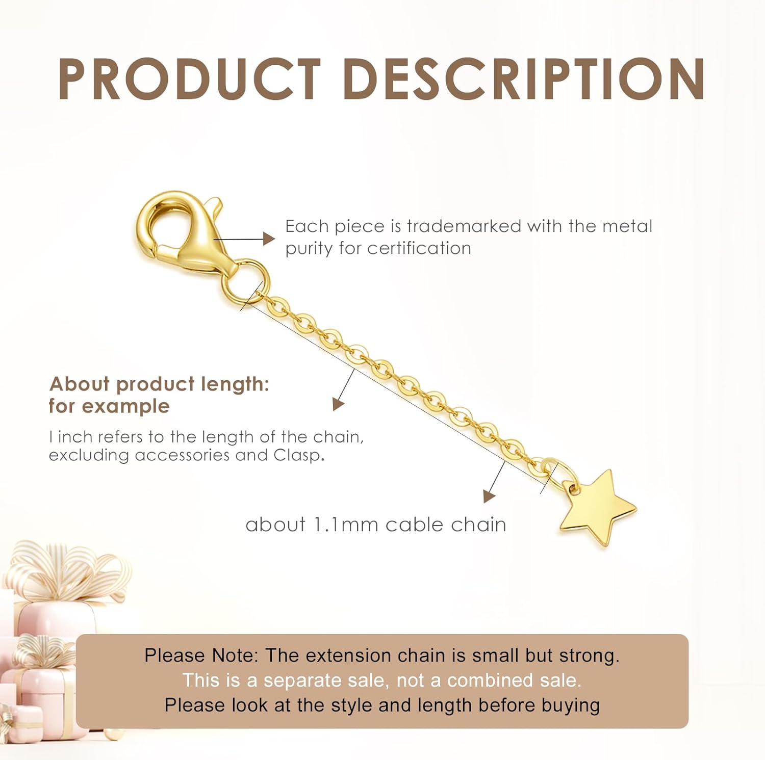 14K Yellow Gold 1"/2"/3" Necklace Extender Chain 14K, Gold Necklace Extender 14K, Bracelet Anklet Extension Chain, Bracelet Extender 14K Gold, 14K Gold Necklace Extender with Lobster Clasp