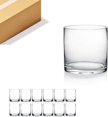 WGVI Thick Weighted Clear Right Cylinder Glass Vases, 5" W x 5" H, Equilateral Cylinder Glass Candle Holders Flower Arrangement Centerpieces Storage Container Brush Pen Holder, Bulk Wholesale, 12 Pcs