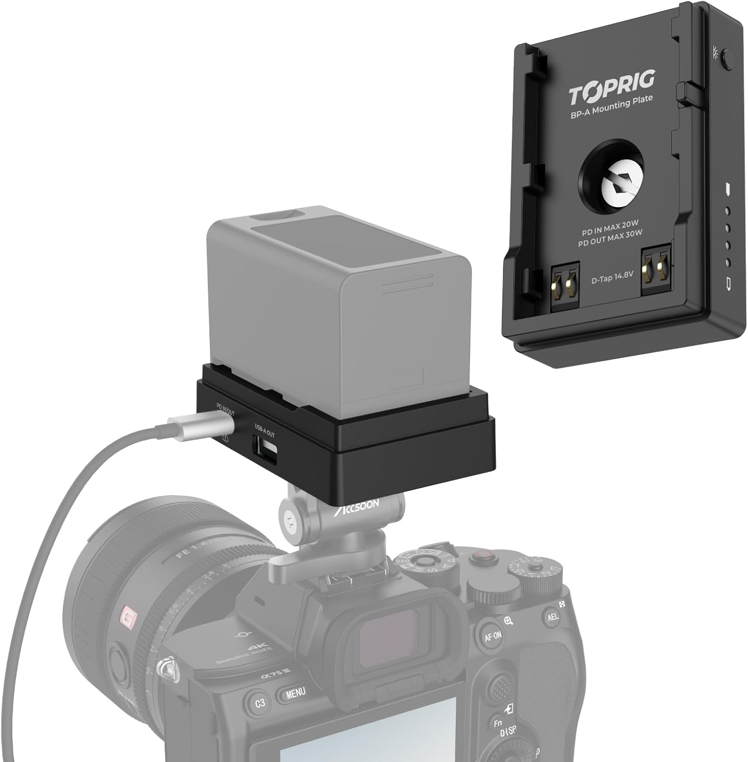 Accsoon Toprig BP-A30 Battery Adapter Plate, PD30W LED Fast Charger, Compatible with Canon BP-A30 BP-A60 BP-A90 Battery, Canon EOS C200, EOS C200B, EOS C220B, XF705, EOS C300 Mark II, EOS C500 Mark II