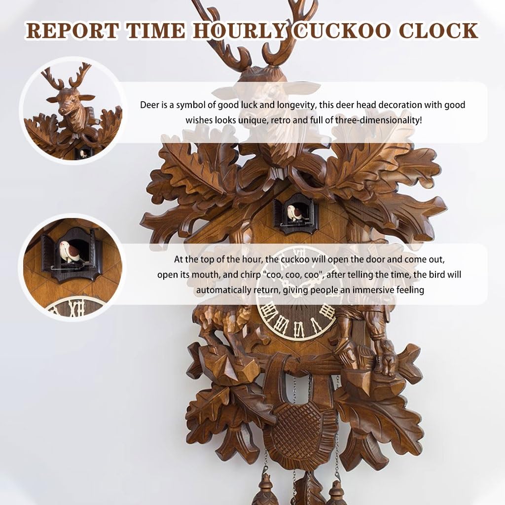 Cuckoo Clocks 3D Deer Head Realistic Cuckoo Clock, Quartz Movement Durable Wall Clock, Solid Wood Carved Kitchen Clock, for Schools and Libraries, Roman numerals, Brown