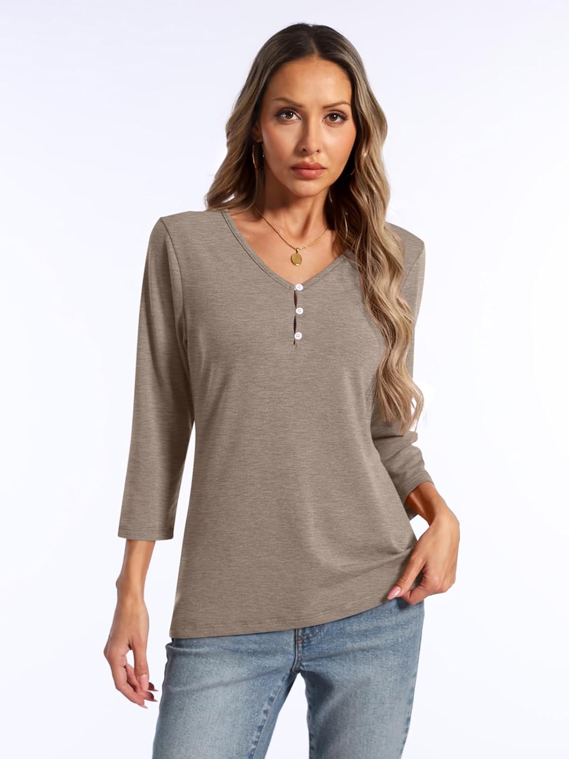 PGANDS Women's 3/4 Sleeve V Neck T Shirts Casual Lightweight Button Tops - Image 5
