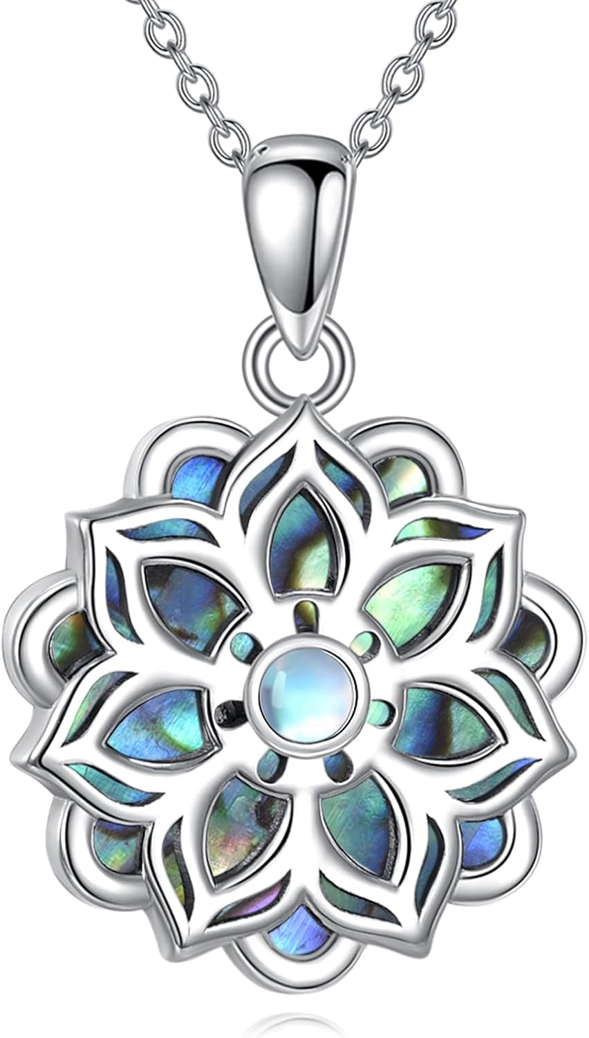 925 Sterling Silver Lotus Necklace for Women Lotus Flower with Moonstone and Abalone Shell Pendant Necklaces Christmas Birthday Jewelry Gifts, 18"+2"