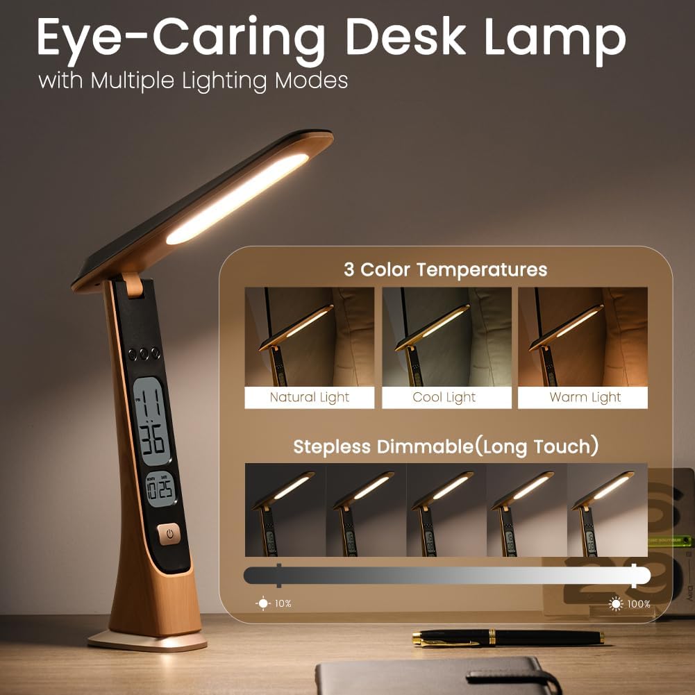 Rechargeable Cordless LED Desk lamp, dimmable Table lamp with Battery,Digital Clock,LCD,Date,Stepless Brightness Foldable Portable Lights for Home,Reading,Office (Brown)