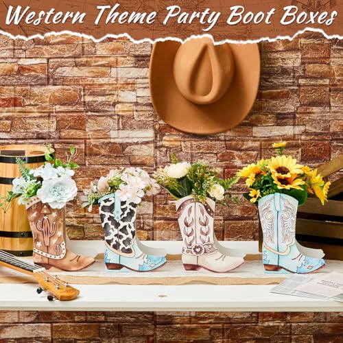 Image of 12 Set Western Boots Flower Boxes Centerpiece Boot Shape Gift Boxes Party Decoration Vase Centerpieces for Tables Boots Rodeo Birthday Baby Shower Supplies(Western Blue,Cow)