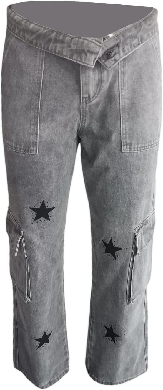 Women Baggy Jeans Casual Denim Y2K Star Print Teen Girls Pants Street Big Pockets Fall Spring Trousers