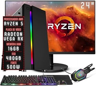 PC Gamer Completo 3green Force AMD Ryzen 5 16GB DDR4 Placa de vídeo Radeon RX SSD 480GB Monitor 24" 75Hz Fonte 500W 3GFO-044