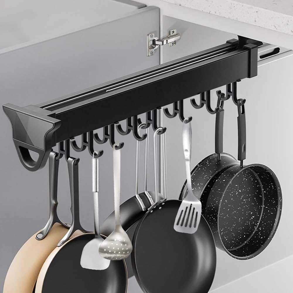DBR Pull Out Cabinet Organizer, Double Row Hanging Rack, Aluminium Alloy Kitchen Storage with 12+ Hooks, Black-image-15