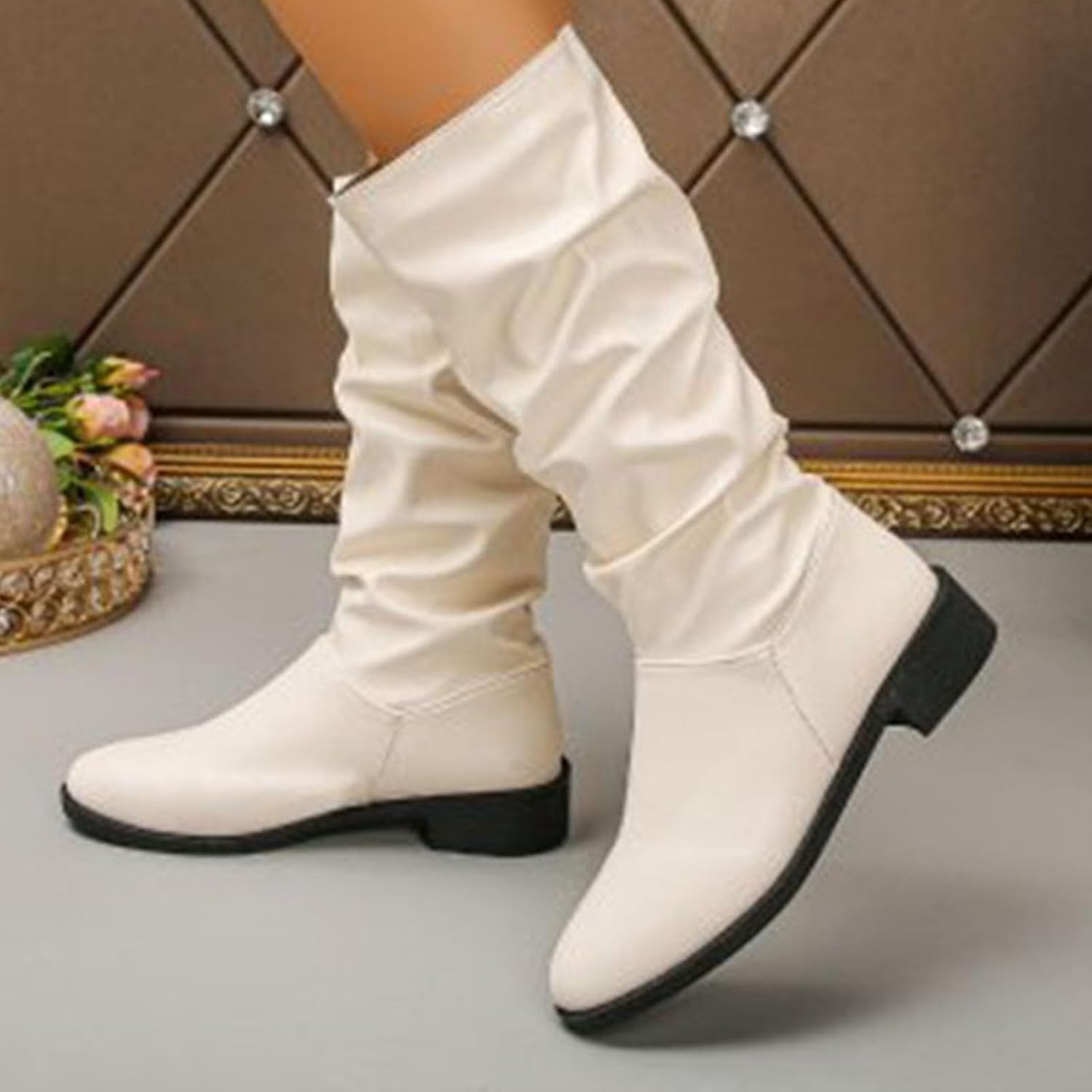Wide Slouchy Wide Calf Boots for Lady:Fashion Basic Solid Color Cargo Booties Pull on Winter Warm Footwear Shoes