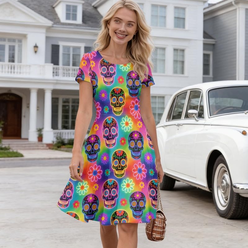 Image of Irisjudy T Shirt Dress for Women Short Sleeve Girls Short Sleeve Dress Plus Size, O Neck Knee Length Midi Dress for Ladies