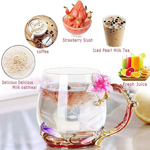 Miniatura 5 de Taza de cristal con flores hecha a mano, para café o té, regalo para esposa, madre, abuela, mujeres
