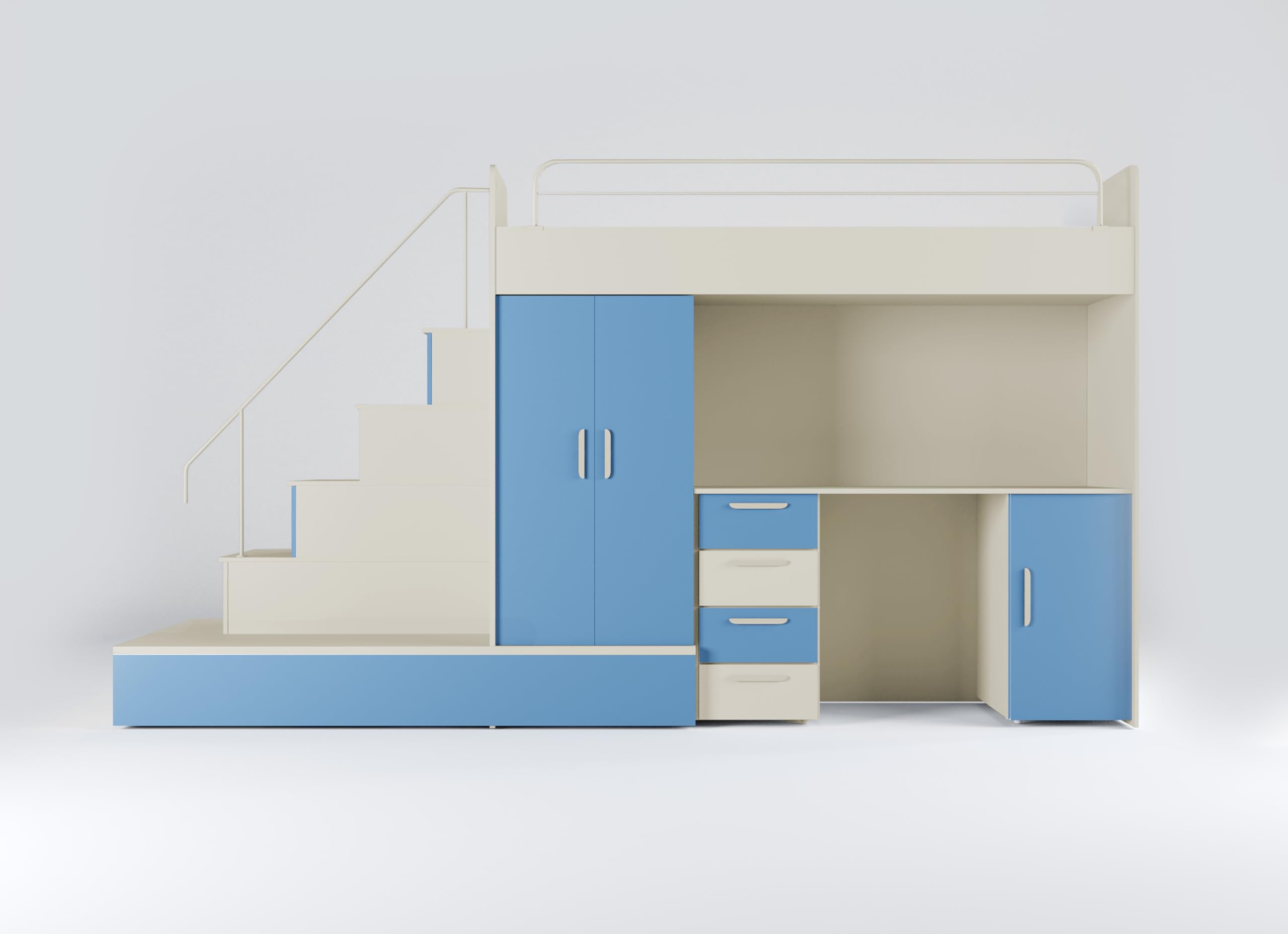 Generisch Hochbett mit Schreibtisch TOMI 5, Schrank, Treppe und Gästebett in Hochglanz (Cashmere + Hellblau, Matt, Mit Matraze und Matrazenrahmen)