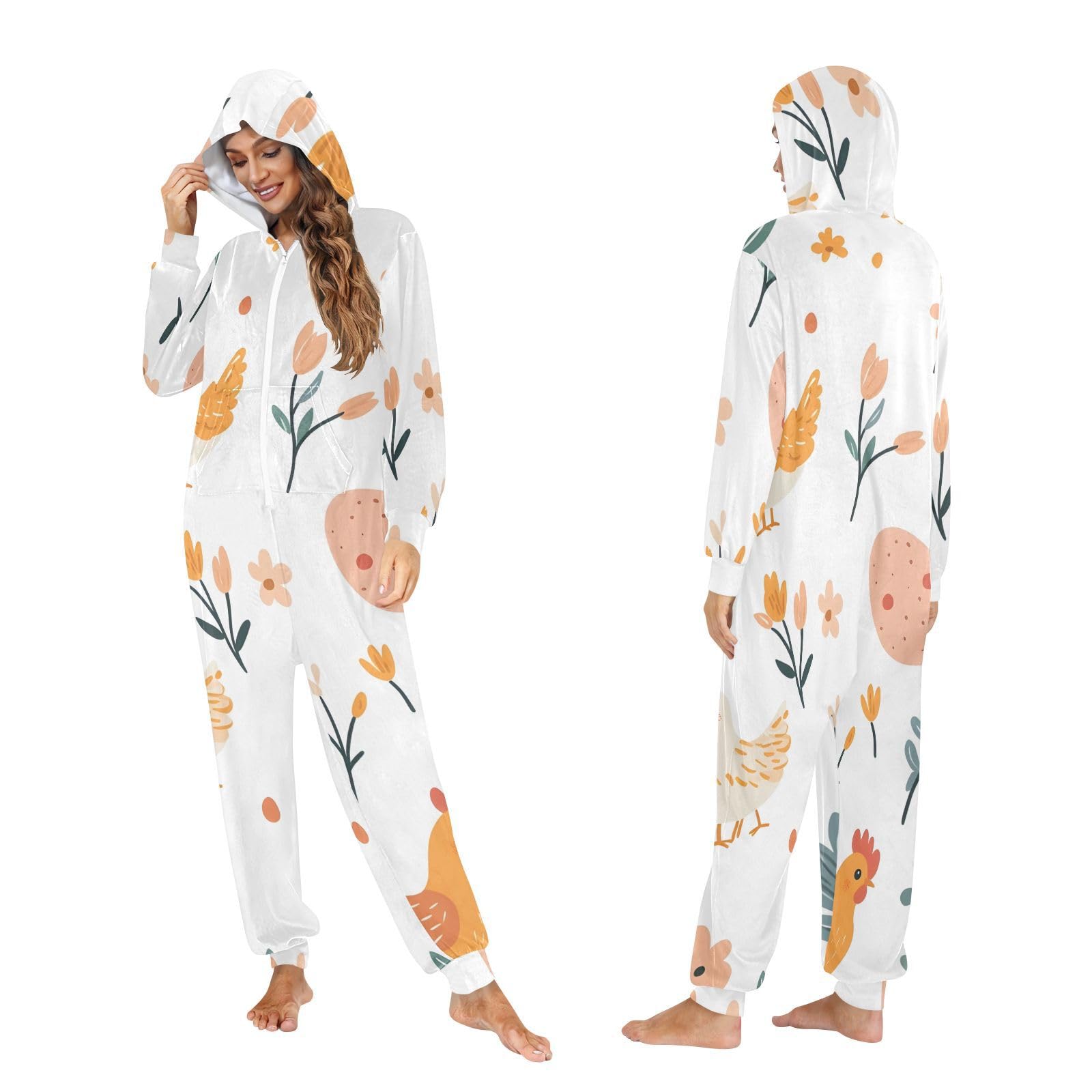 Carino Polli Fiori Bianco Onesie Adulto, Morbido Pigiama Tuta Intero
