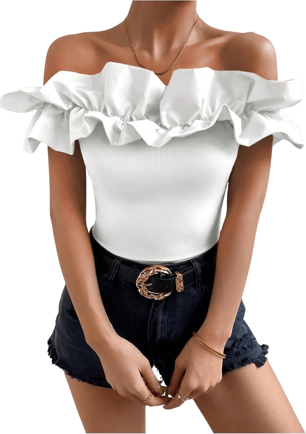 OYOANGLE Women's Ruffle Trim Off Shoulder Short Sleeve Blouse Party Tops Shirt
