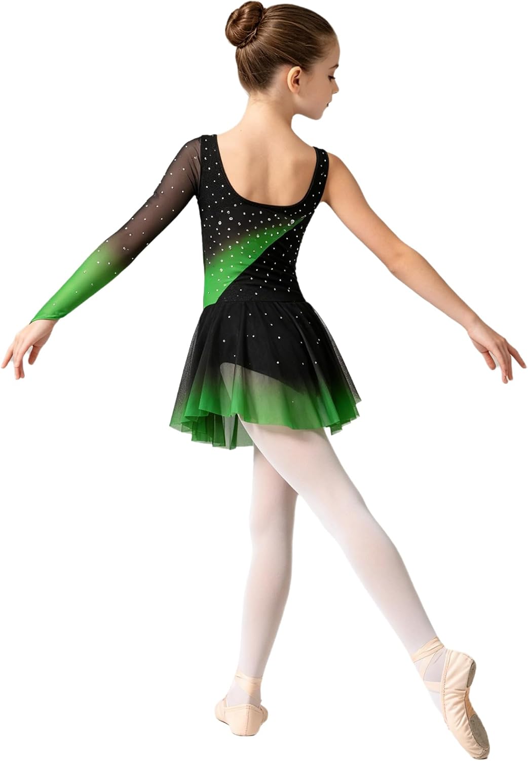 Figure Ice Skating Dress for Girls Shiny Rhinestones Single Long Sleeve Color Block Rhythmic Gymnastics Leotard