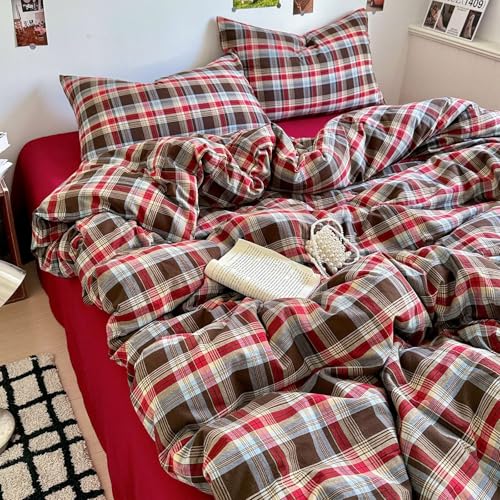 Image of MKXI King Buffalo Plaid Duvet Cover Set 3-Piece, Lightweight Washed Cotton Farmhouse Bedding, Brown Red Blue Plaid Comforter Cover with Zipper Closure