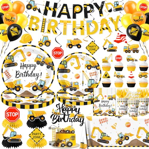 Construction Birthday Decorations 245PCS Construction Birthday Party Supplies-Includes Plates Napkins Cups Banner Balloons Tablecloth and Cake Toppers for Kids TruckTheme Celebration Tableware