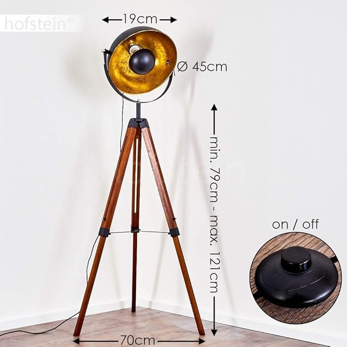 hofstein Vloerlamp Jupiter, vloerlamp van hout/metaal in goud/bruin/zwart, 1 x E27, voetschakelaar op het snoer, verstelbare vloerlamp met verstelbare schroeven, zonder gloeilampen photo 3