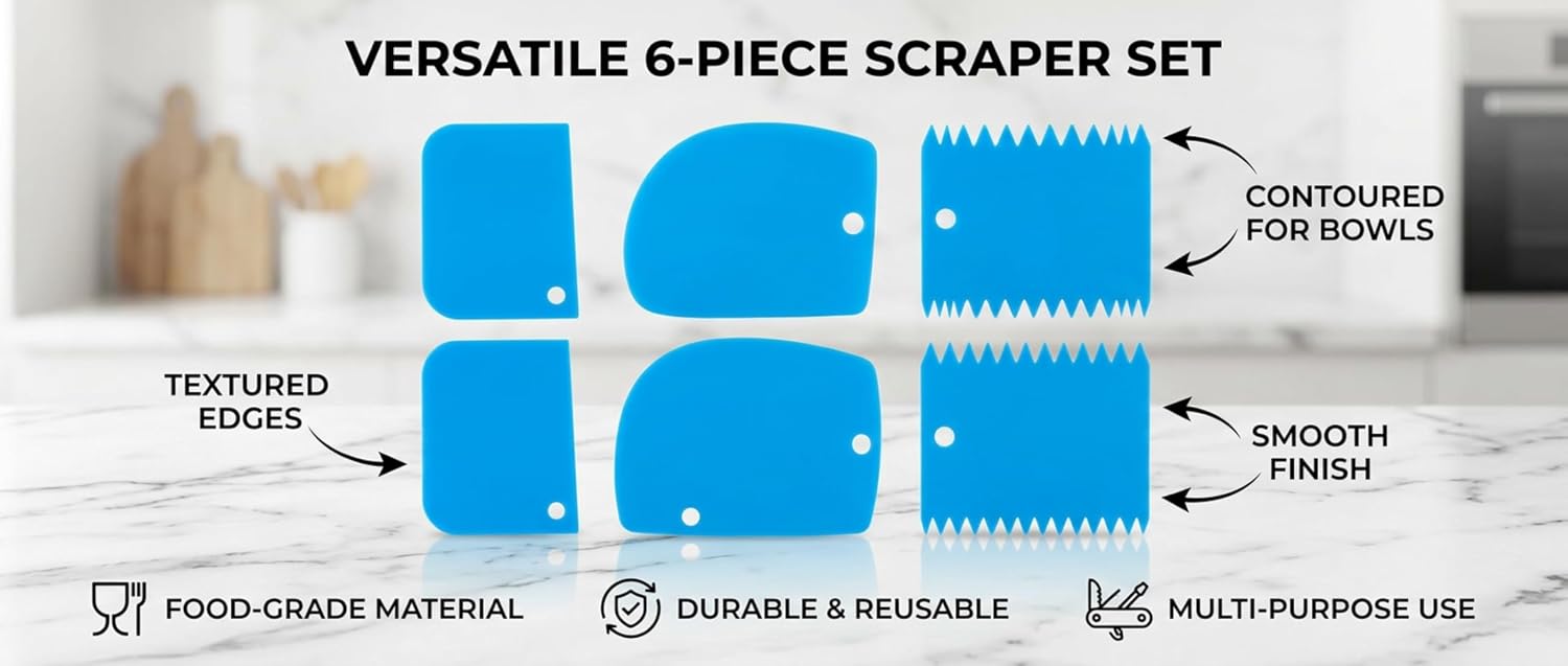 Cake Decorating Scraper Set, 6 Piece Plastic Icing Smoother Tools, Serrated and Flat Edge Dough Scrapers for Baking, Pastry, Bread, Pizza, 2.95-4.81 Inch (blue)