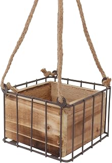 Nordic Wooden Wall Flower Holder Hanging Box with Iron Rack | Coffee Finish, Rope and Metal Build, Polished Edges, No Burr