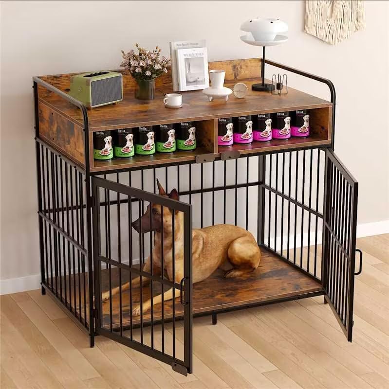Chartyou Wooden Dog Crate Furniture with Storage Drawers – Indoor Large Dog Kennel & Pet Side Table | 103x60x80cm Heavy Duty Metal Cageor for Medium-to-Large Dogs, Brown Black — image 1