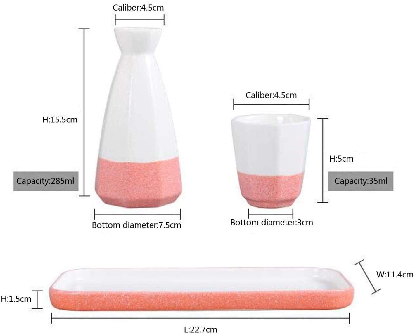 Service à saké en céramique, Bouteille de saké Japonaise Traditionnelle, Bouteille en Porcelaine avec Tasse, Design d'épissure Moderne, 4 Tasses et Plateaux en céramique, 285 ML