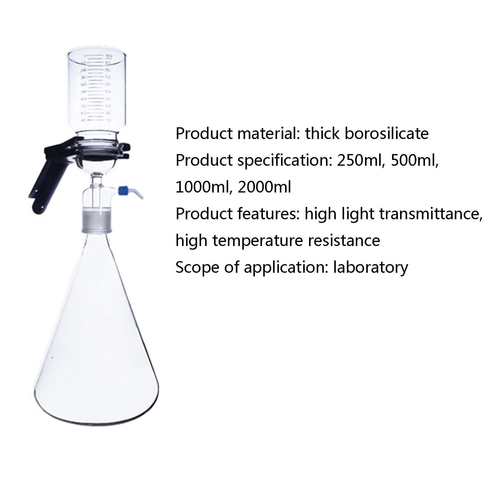 Filtro de succión al vacío de vidrio, kit de filtro de montaje de filtración al vacío de vidrio de borosilicato con embudo graduado de 300 ml, aparato de destilación de filtración al vacío para 250ml