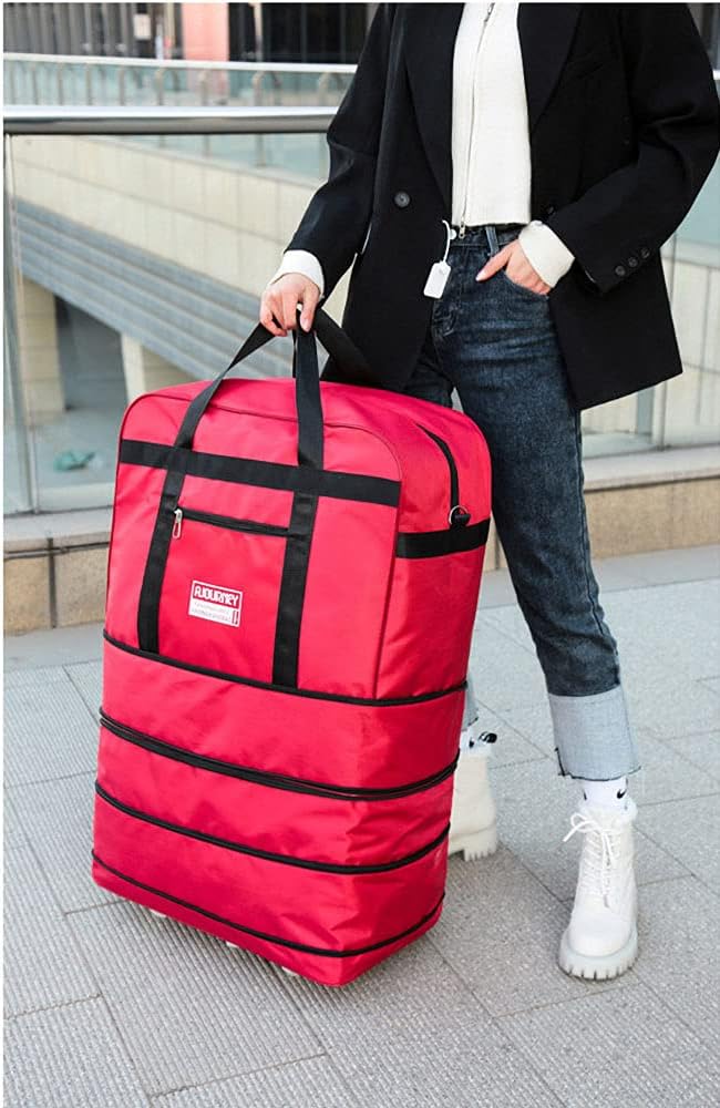 Expandable Extra Large Travel Oxford Duffel Bag with Wheels Waterproof Lightweight Traveling Foldable Suitcase (Red)