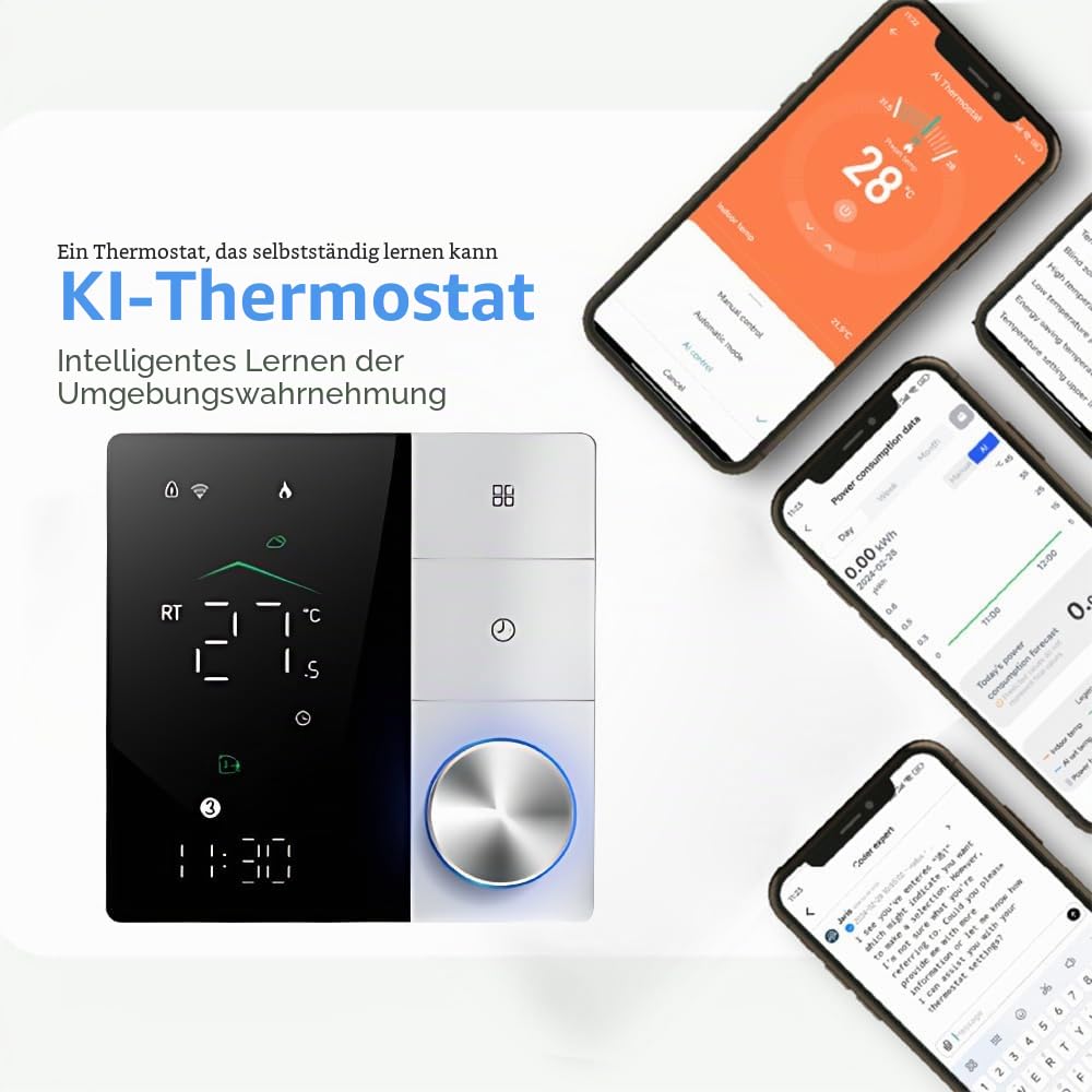 Intelligentes Thermostat für elektrische Heizung, WLAN-Thermostat mit AI Lern-App-Steuerung, digitalem LED-Touchscreen und verstellbarem Knopf, energiesparend