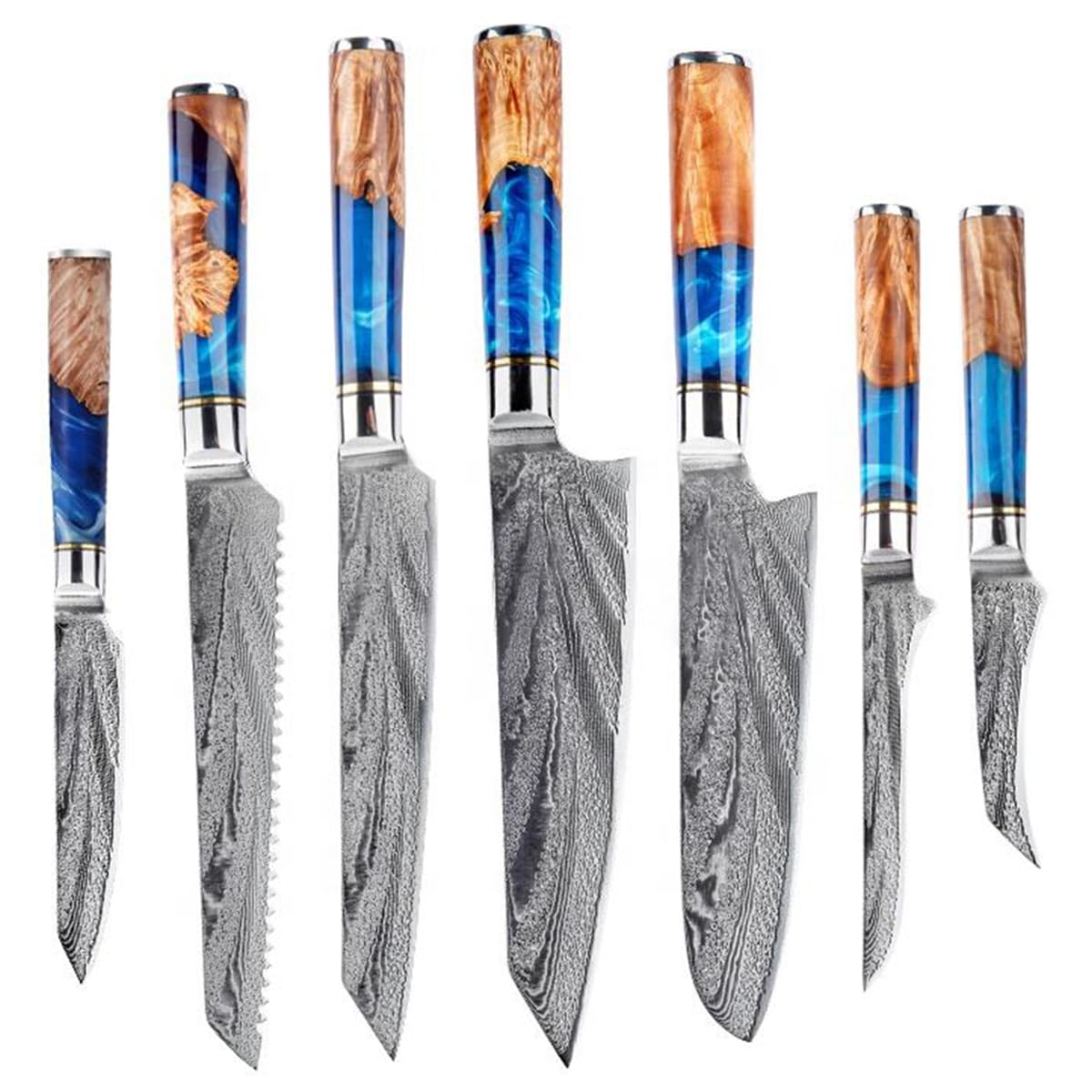 Kitchen Knife Set 7-Piece Damascus Knife Block Set Deluxe Synthetic Resin Wooden Handle Sharp High Carbon Stainless Steel