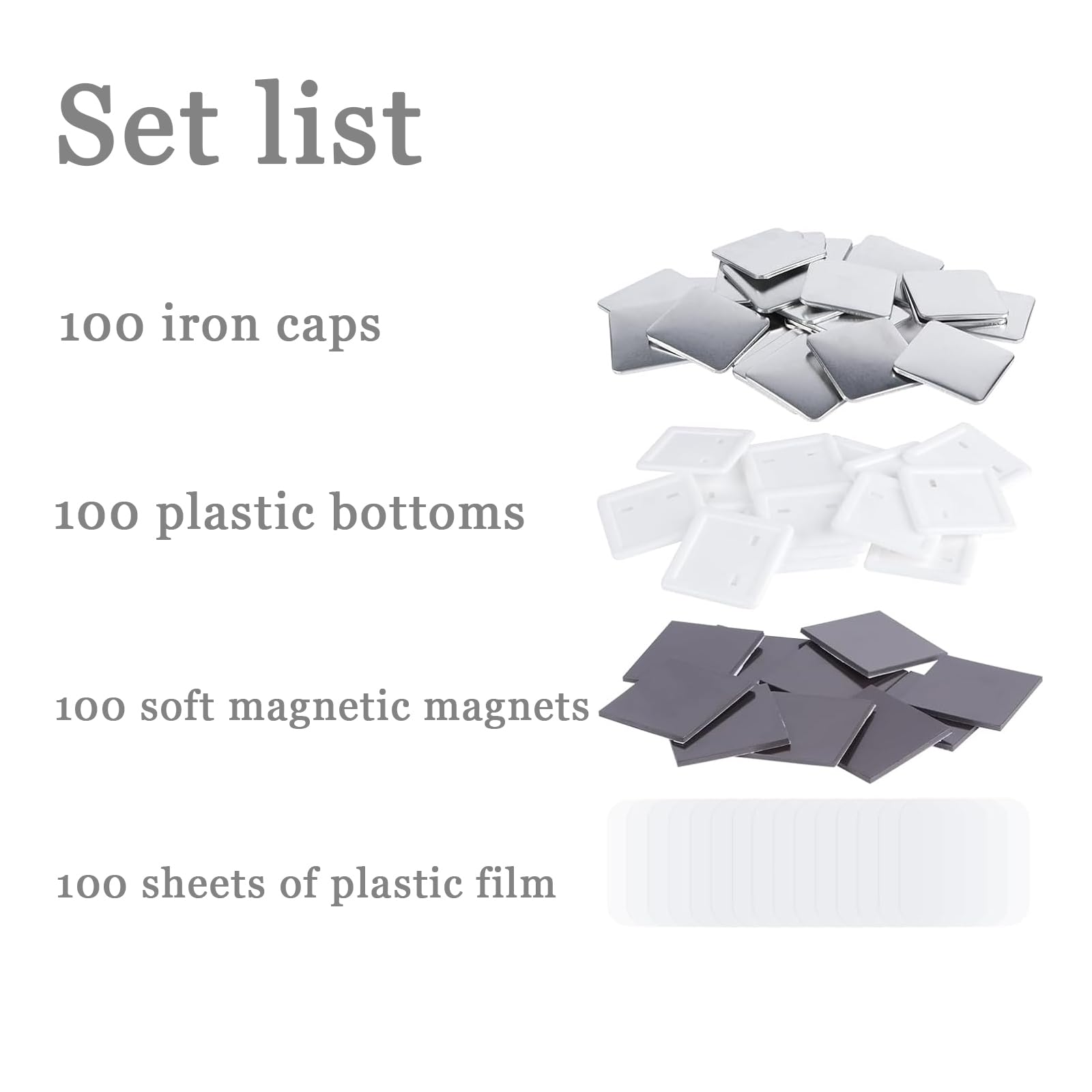 Lot de 100 aimants de réfrigérateur - 50 mm - Boutons carrés magnétiques doux - Consommables pour loisirs créatifs (coque en métal, coque arrière en plastique, aimant souple, film transparent)