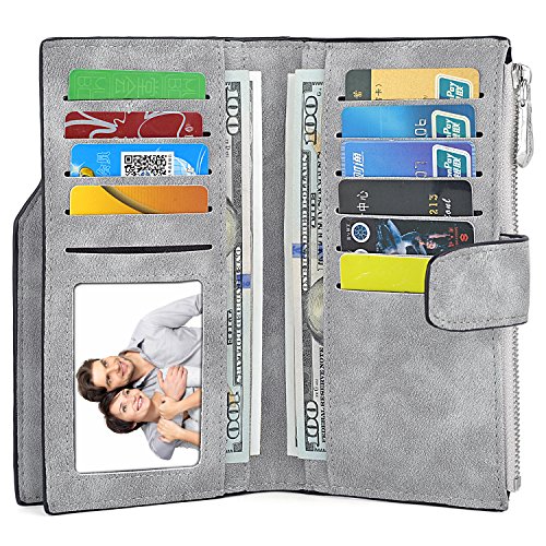 UTO RFID Wallet for Women PU Matte Leather Card Holder Organizer Zipper Coin Purse with Snap Closure Grey2