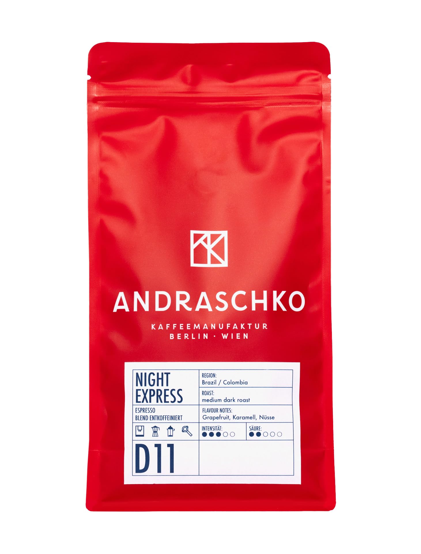 Andraschko Espresso entkoffeiniert - ganze Bohnen - 100 % Arabica - dunkle Röstung, säurearm - 1 Kg - eigene Rösterei - Night Express Espresso Blend