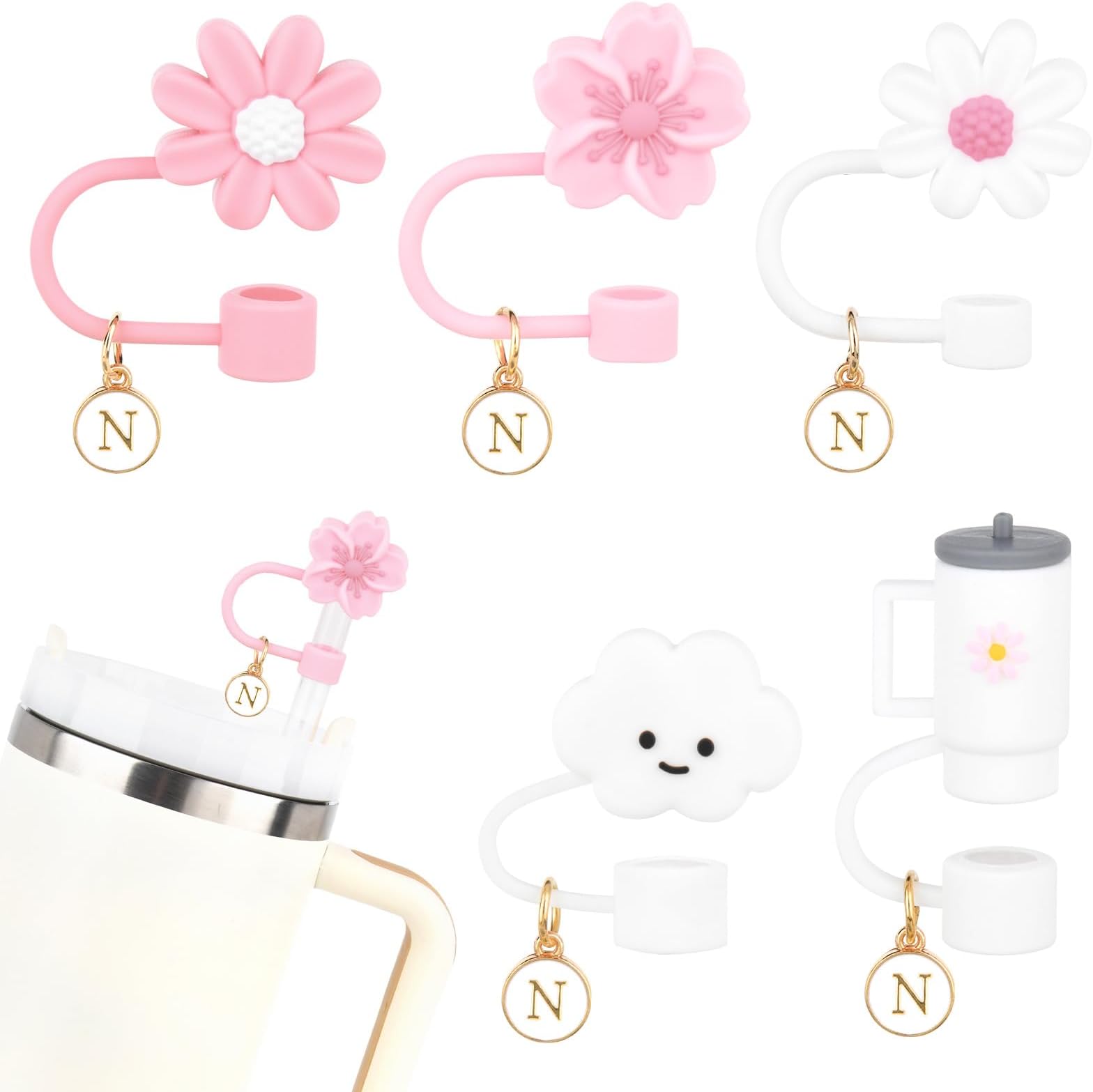 5PCS Flower Cloud Shape Straw Cover with Letter Charms Personalized Initial Straw Toppers Cap Fits for Stanley Cup 30&40 Oz Drink Cup Simple Modern Stanley Cup Accessories Gift -N