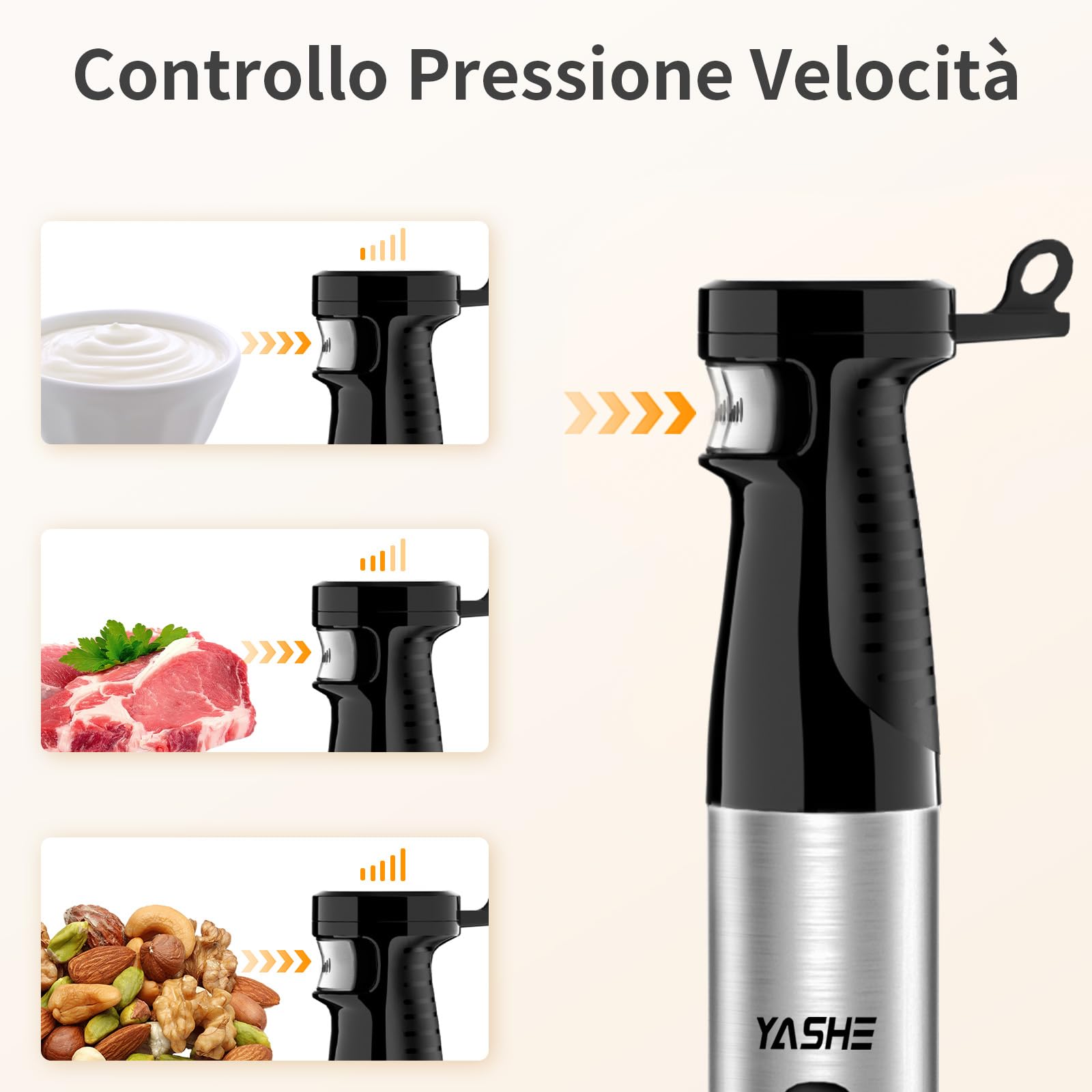 YASHE Frullatore a Immersione, 5 in 1 in Acciaio Inox, 1000 W, Velocità Regolabile Continuamente, con Tritatutto, Frusta e Bicchiere Dosatore – Ideale per Alimenti per Bambini, Salse e Zuppe