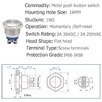 Vista 2 de Paquete de 9 interruptores de botón momentáneos de 0.630 in 1NO SPST Interruptor impermeable de acero inoxidable